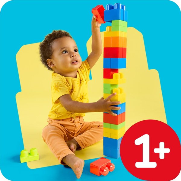 Child playing with a MEGA BLOKS set labelled 1+