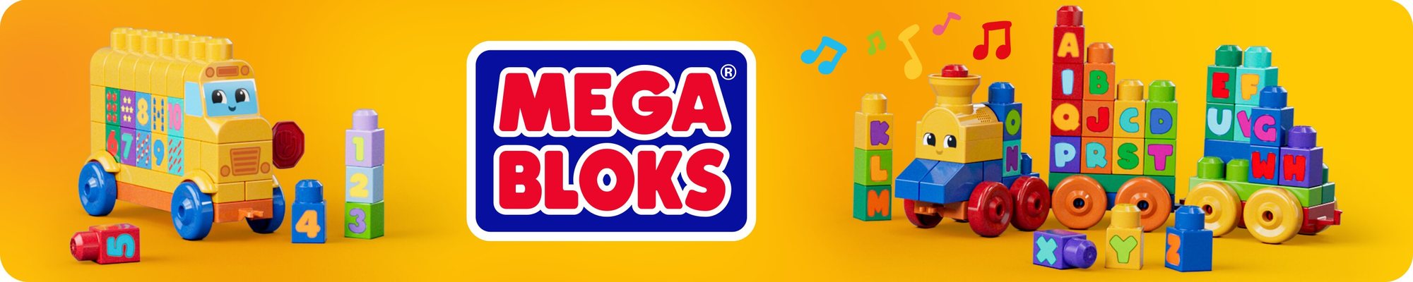 MEGA BLOKS logo between block-built trains and a school bus